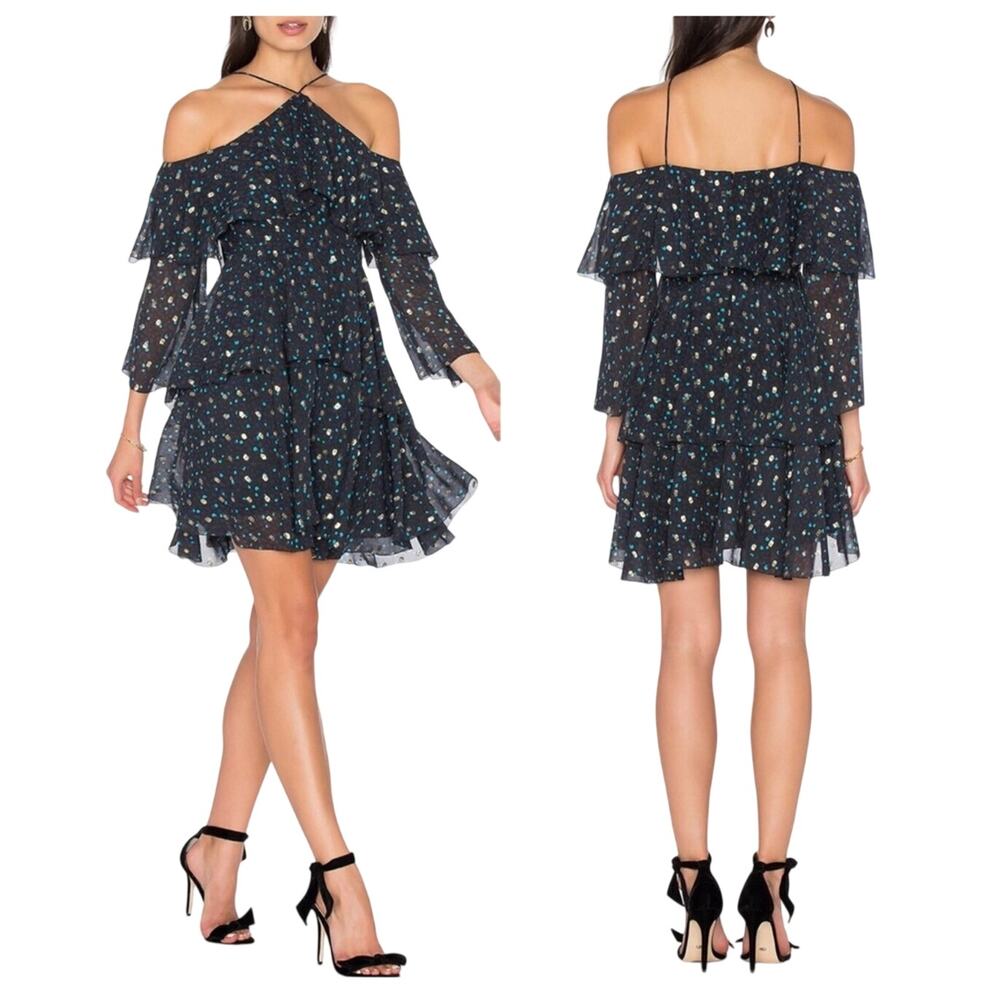 Cynthia Rowley Silk Ruffle Mini Dress Navy Floral Metallic Cold Shoulder Size 8